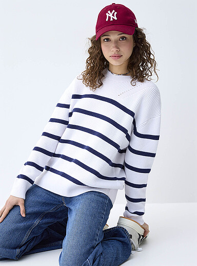 Twik Patterned White Oversized striped ribbed sweater for women