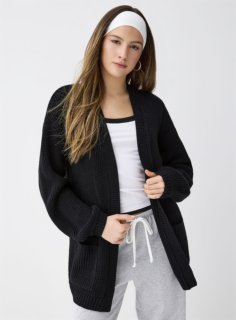 Cardigan Ouvert Eileen Fisher Noir En Mélange Soie Côtelé - Taille S, Occasion Très Bon état
