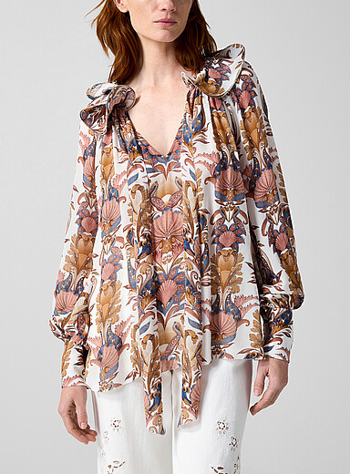 Sea Garden fluid ruffled print blouse