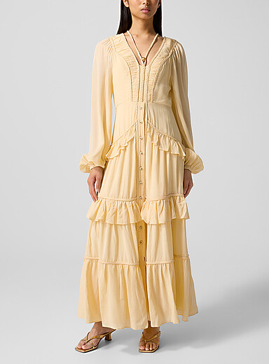 Farm Rio Corn/Vanilla Yellow Ruffled buttoned maxi dress for women
