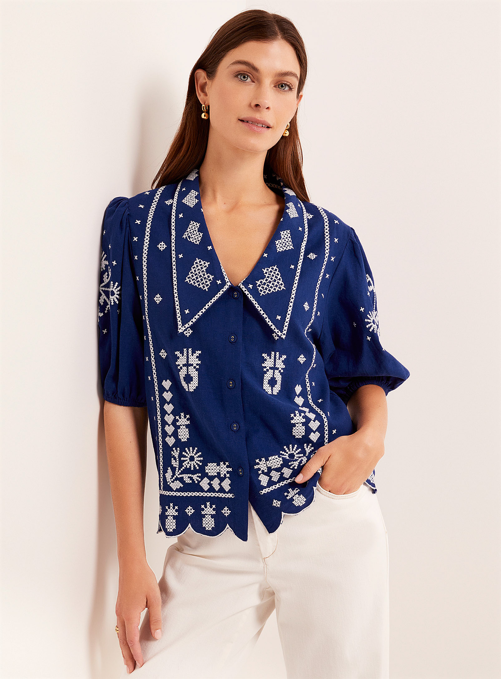 Farm Rio Bright Embroidery Boxy-fit Shirt In Navy/midnight Blue
