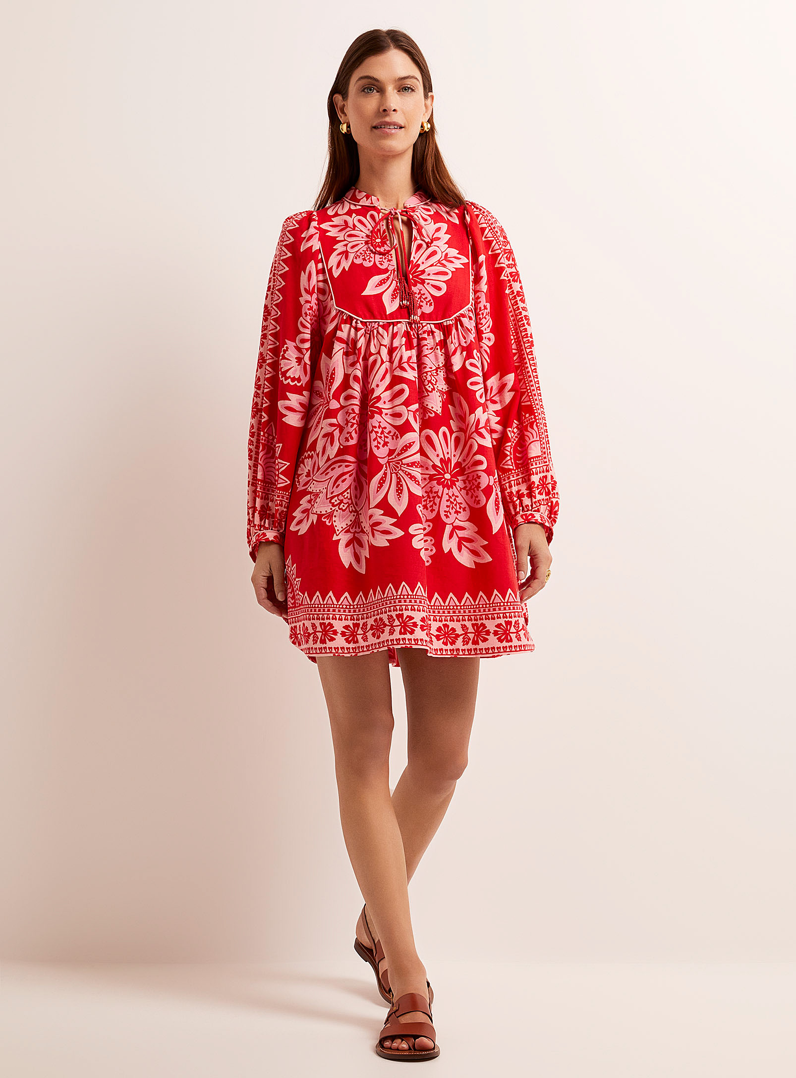 Farm Rio Floral Passion Tasseled Dress In Red