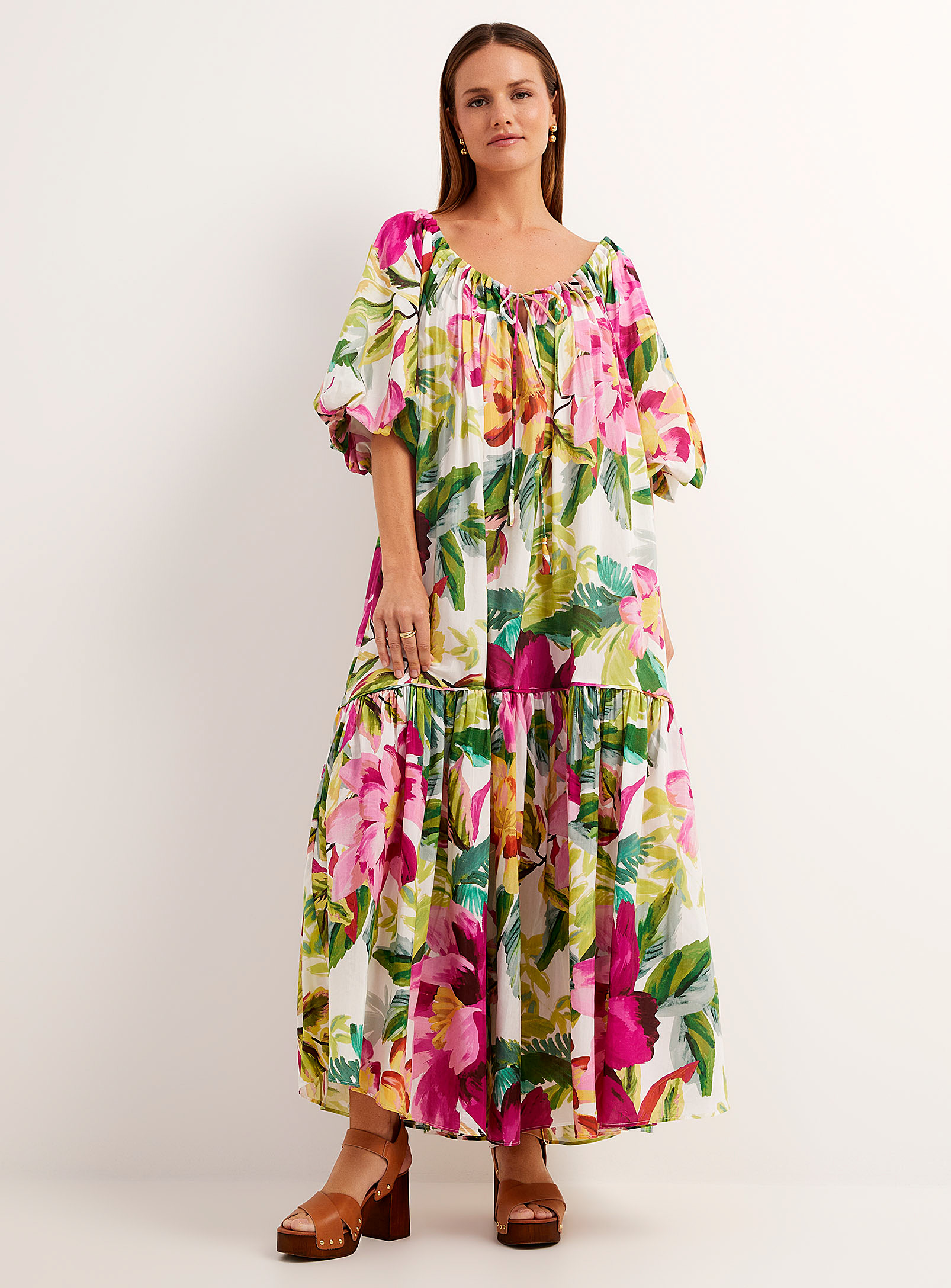 Farm Rio Puff-sleeve Painted Flowers Dress In Assorted