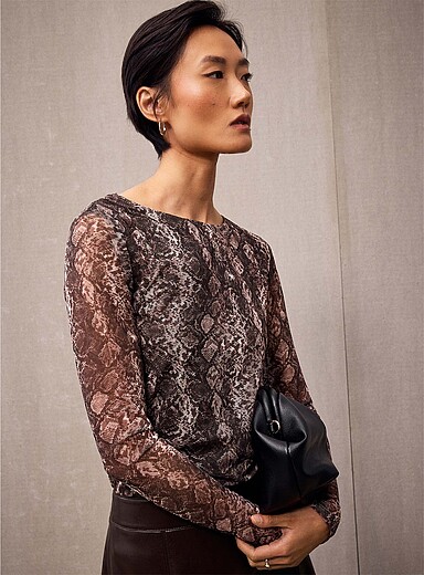 Patterned micromesh long-sleeve T-shirt