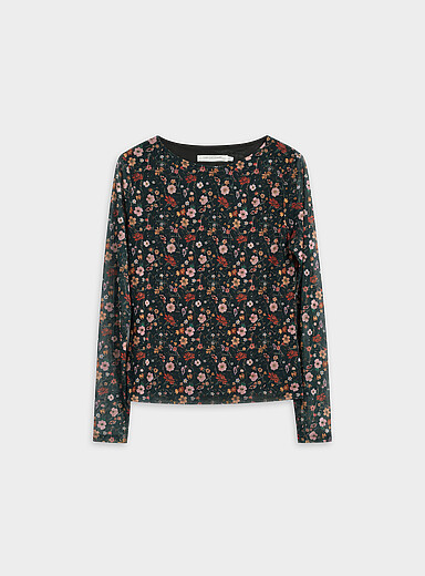 Contemporaine Mossy Green Patterned micromesh long-sleeve T-shirt for women