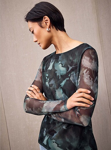 Contemporaine Patterned Green Patterned micromesh long-sleeve T-shirt for women