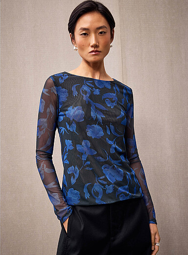 Contemporaine: Le t-shirt microfilet &agrave; motif manches longues Bleu &agrave; motifs pour femme