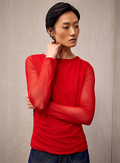 Ruched long-sleeve micromesh T-shirt