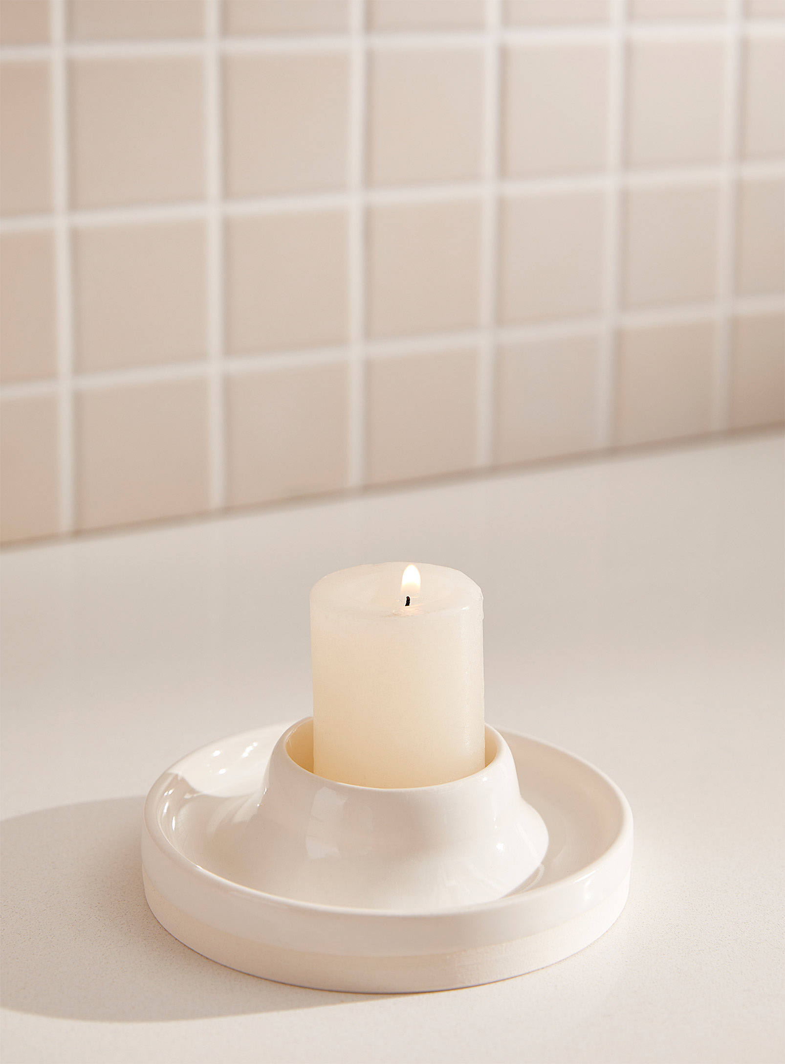 L'atelier Em Large Two-tone Ceramic Candleholder In Neutral