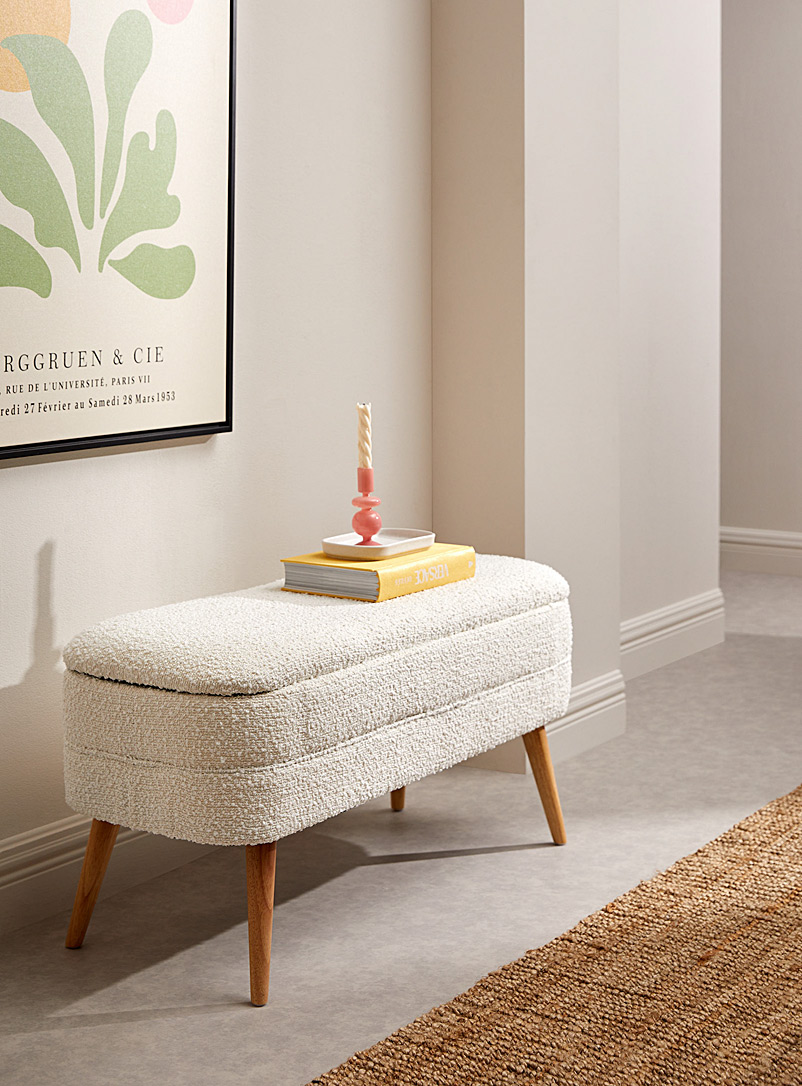 Vilmers White Built-in storage bouclé bench