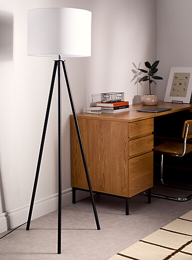 Linen lampshade metal tripod lamp