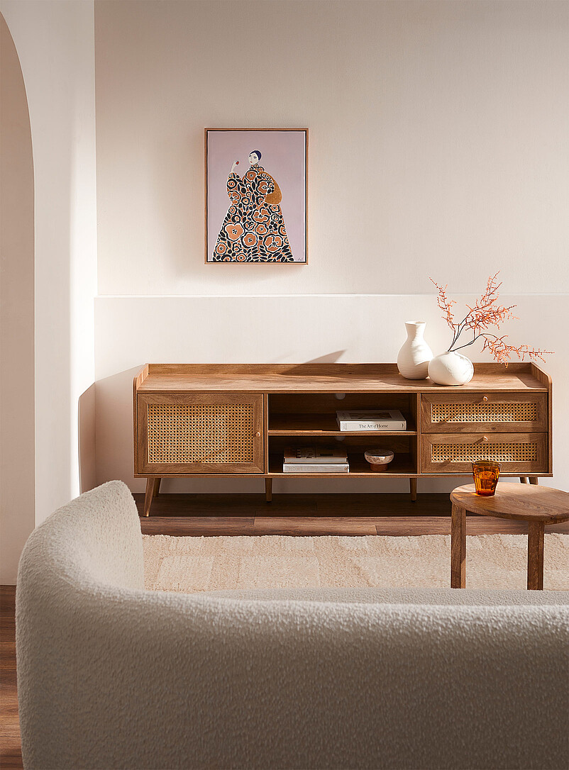 Walnut Laminated Wood Rattan Accent Tv Unit