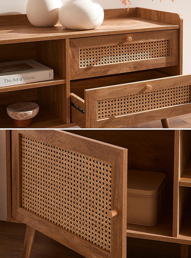 Walnut laminated wood rattan accent TV unit product image 2