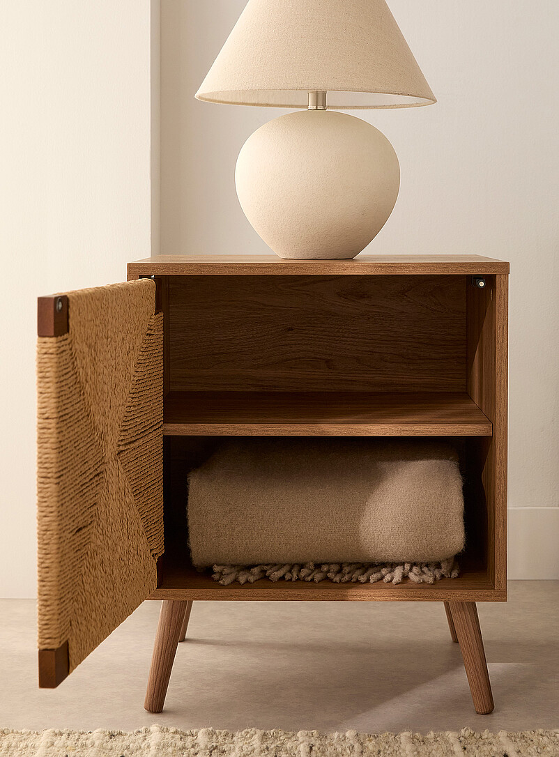 Light walnut finish woven door accent table product image 2