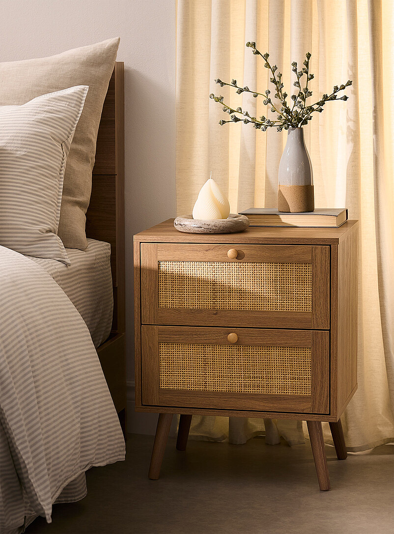 Rattan drawers walnut laminate accent table product image (primary)