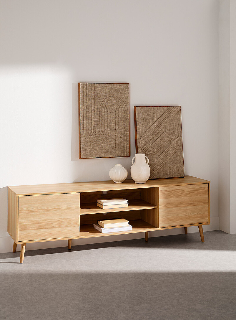 Natural laminated wood double-door TV unit product image (primary)