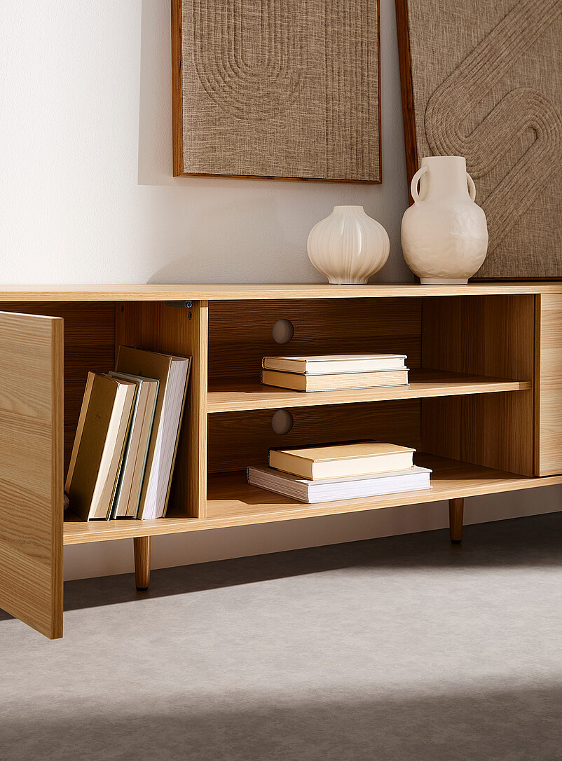 Natural laminated wood double-door TV unit product image 2