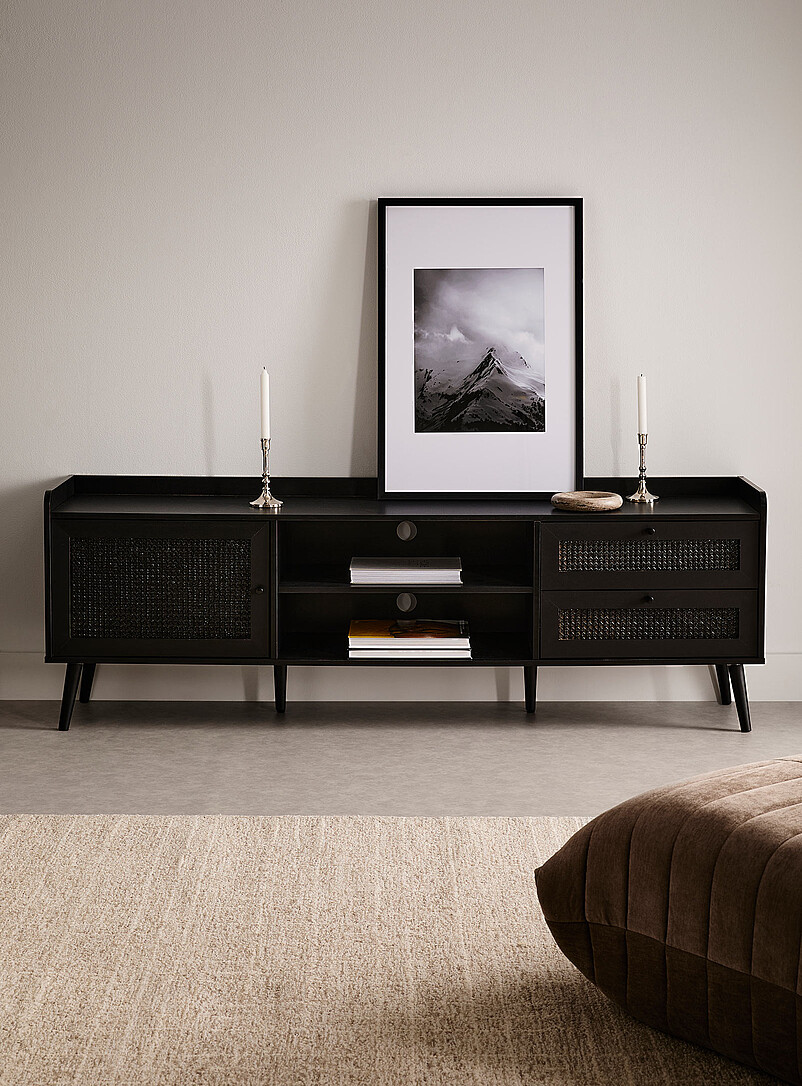 Black laminated wood rattan accent TV unit product image (primary)