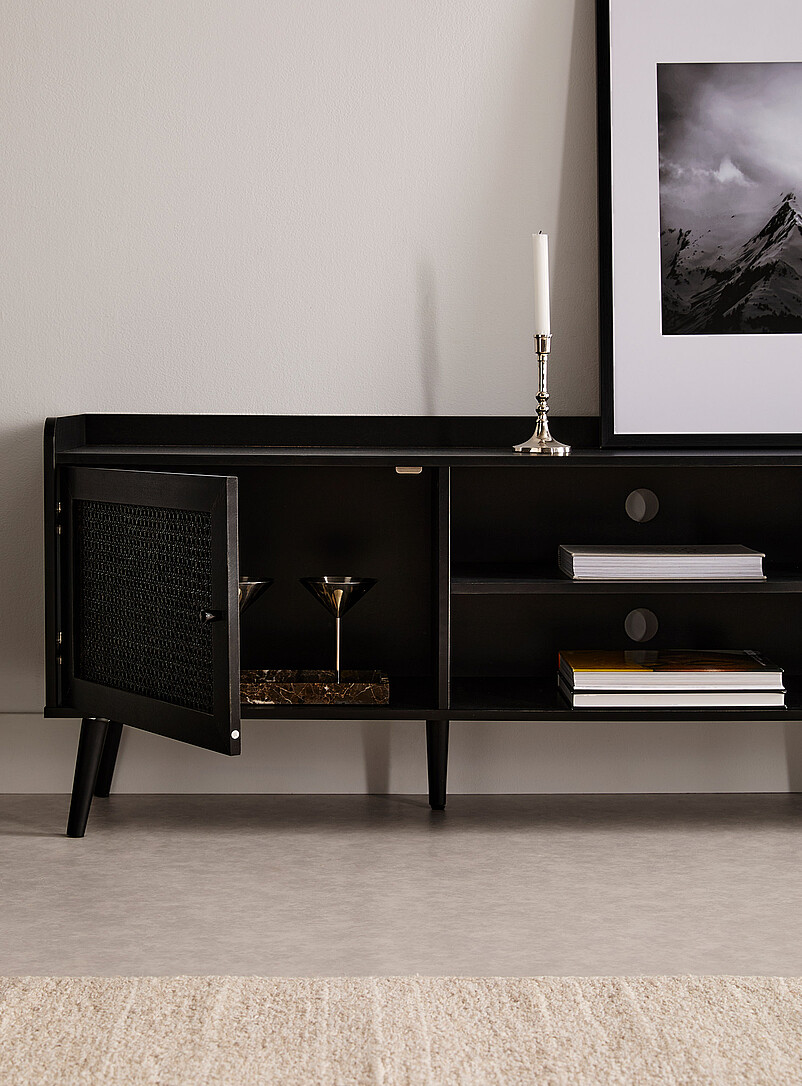 Black laminated wood rattan accent TV unit product image 2