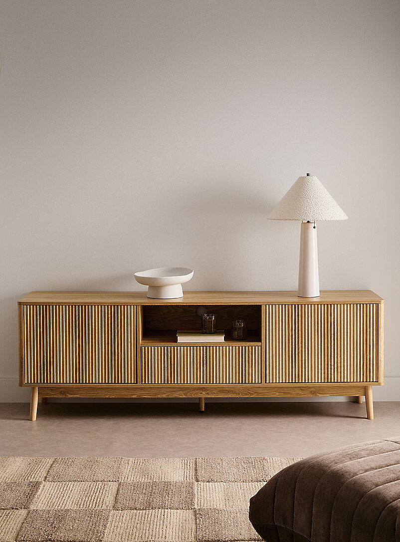 Light walnut laminated wood double-door grooved TV unit product image (primary)