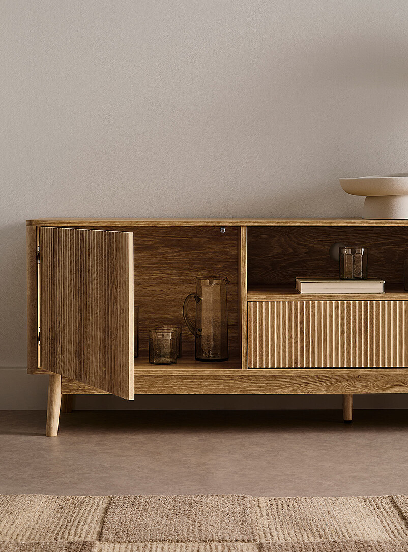 Light walnut laminated wood double-door grooved TV unit product image 2