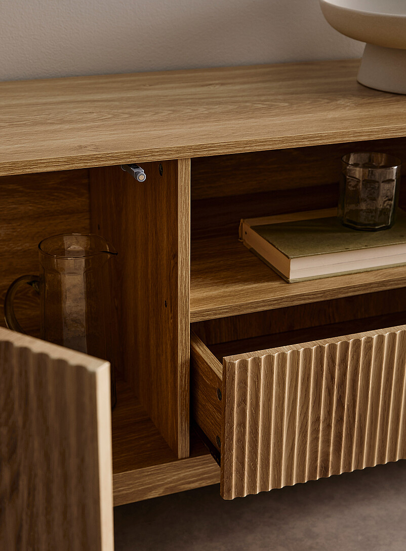 Light walnut laminated wood double-door grooved TV unit product image 3