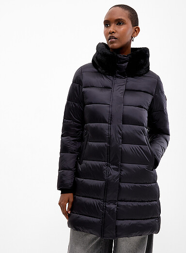 Save the Duck Black Dalea faux-fur collar mid-length quilted coat for women