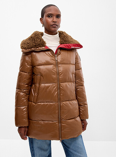 Save the Duck: Le manteau matelass&eacute; col fausse fourrure boucl&eacute;e Bonita Brun pour femme