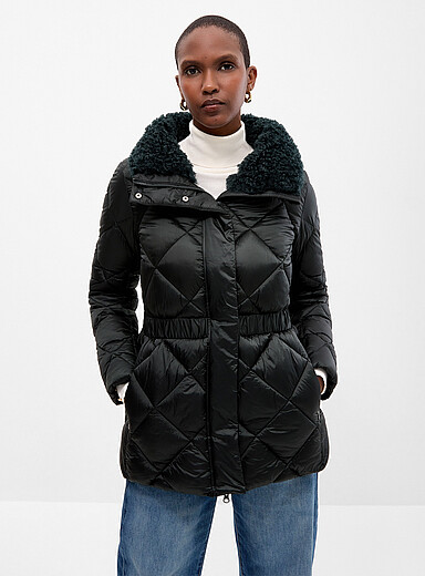 Save the Duck Green Mandoline boucl&eacute; faux-fur collar quilted coat for women