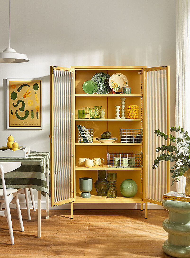 The Collector glass door standing metallic cabinet | Mustard