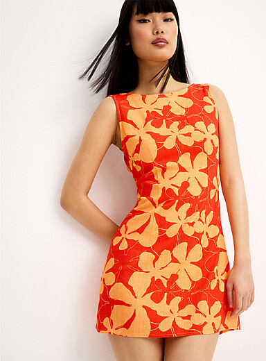 La minirobe fleurs orange lin m&eacute;lang&eacute;