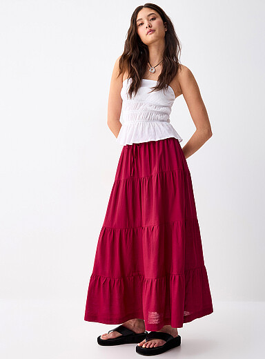 Twik Burgundy Cherry red tiered maxi skirt for women