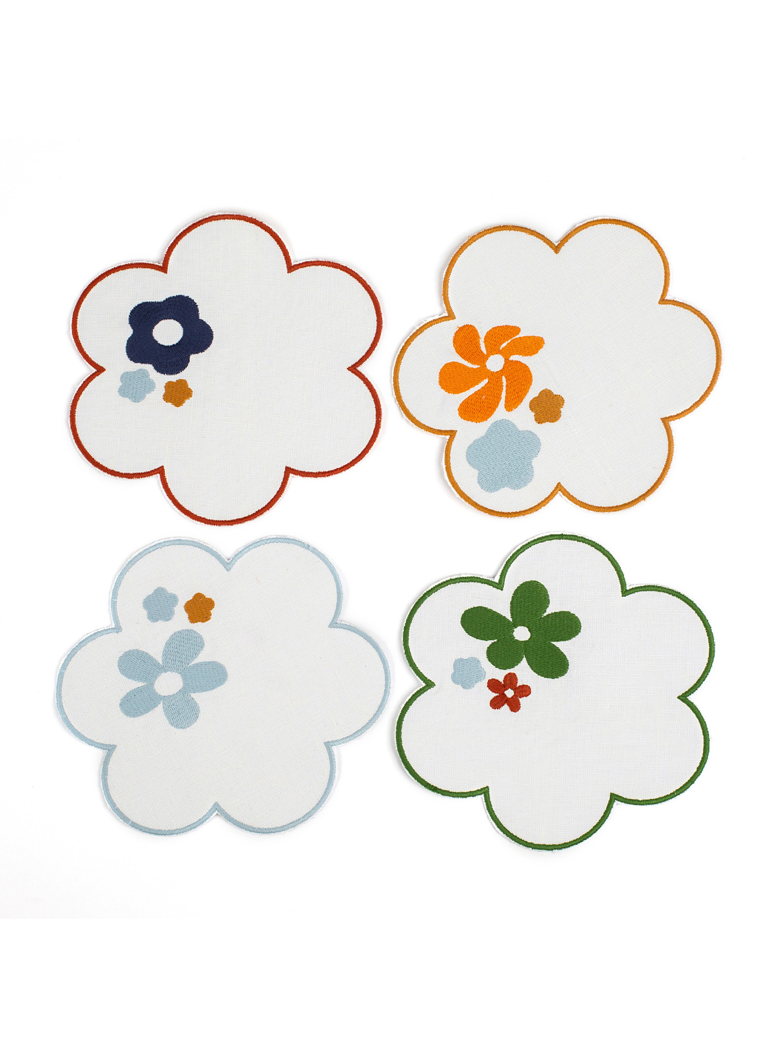 Misette Embroidered Flowers Linen Coasters Set Of 4 In Assorted