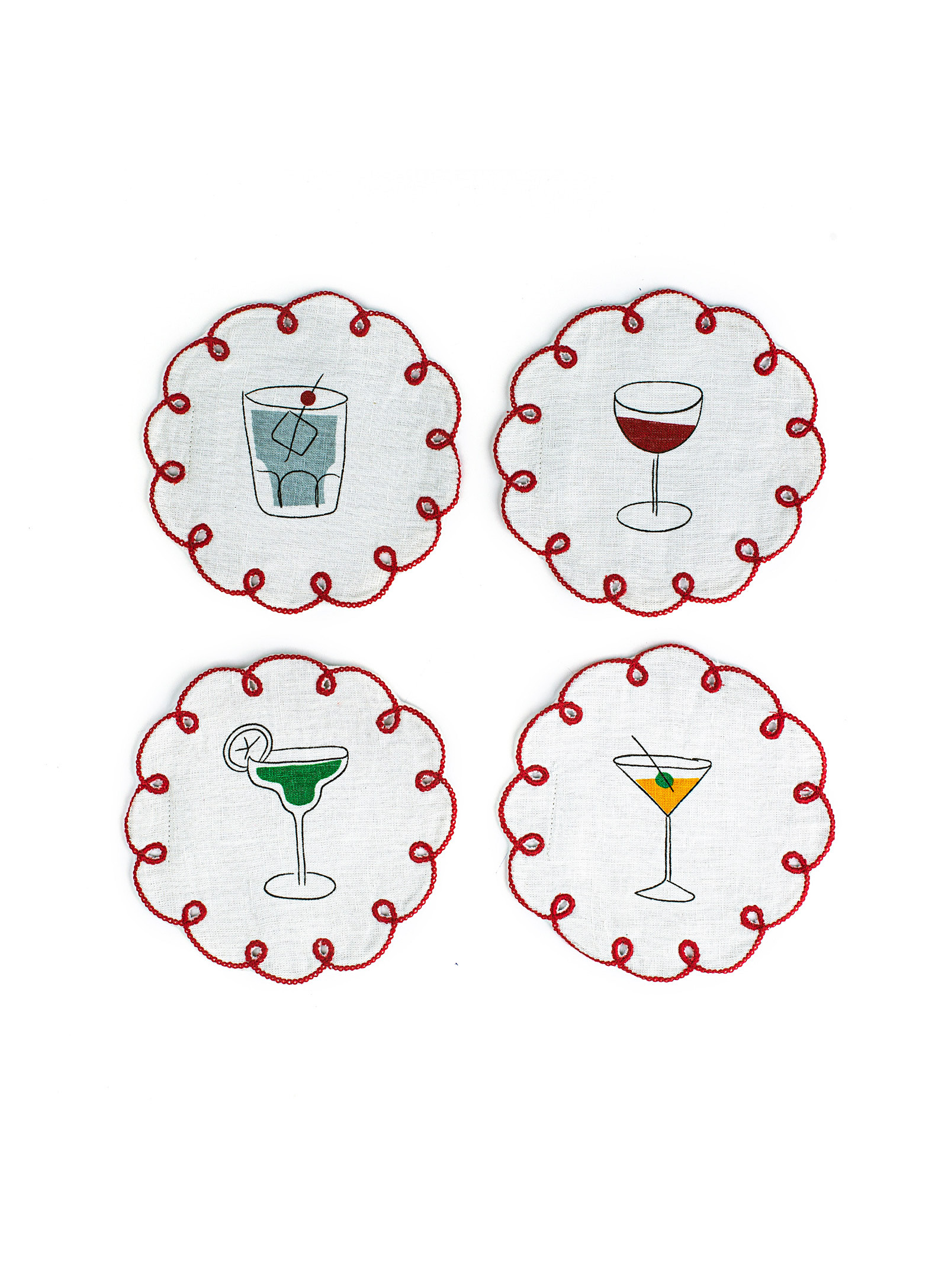 Misette Cocktail Embroidery Linen Coasters Set Of 4 In Assorted