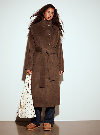 Funnel-neck long felt coat