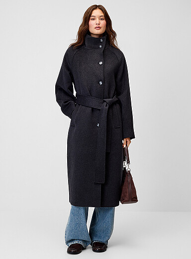 Twik Charcoal Funnel-neck long felt coat for women