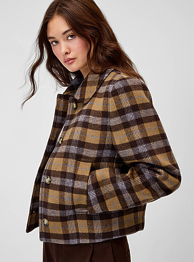 Twik Patterned Brown Felted cropped coat for women