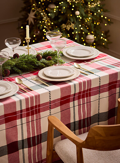 Simons Maison Patterned Red Fir trees and gold accents checkered tablecloth <b>Christmas Collection</b>