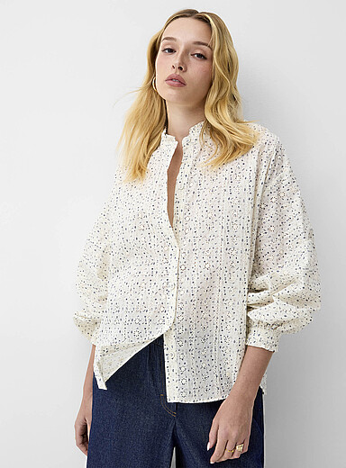Ic&ocirc;ne Patterned Ecru Flowers and broderie anglaise puff-sleeve blouse for women