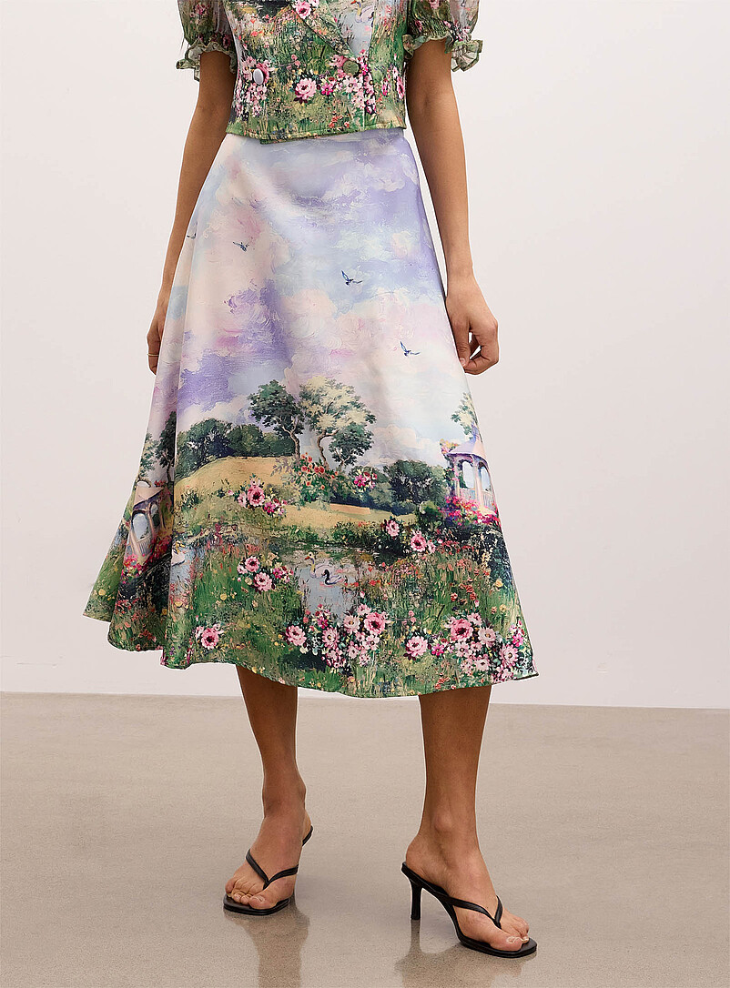 Ic&ocirc;ne Patterned Crimson Bucolic landscape flared midi skirt for women