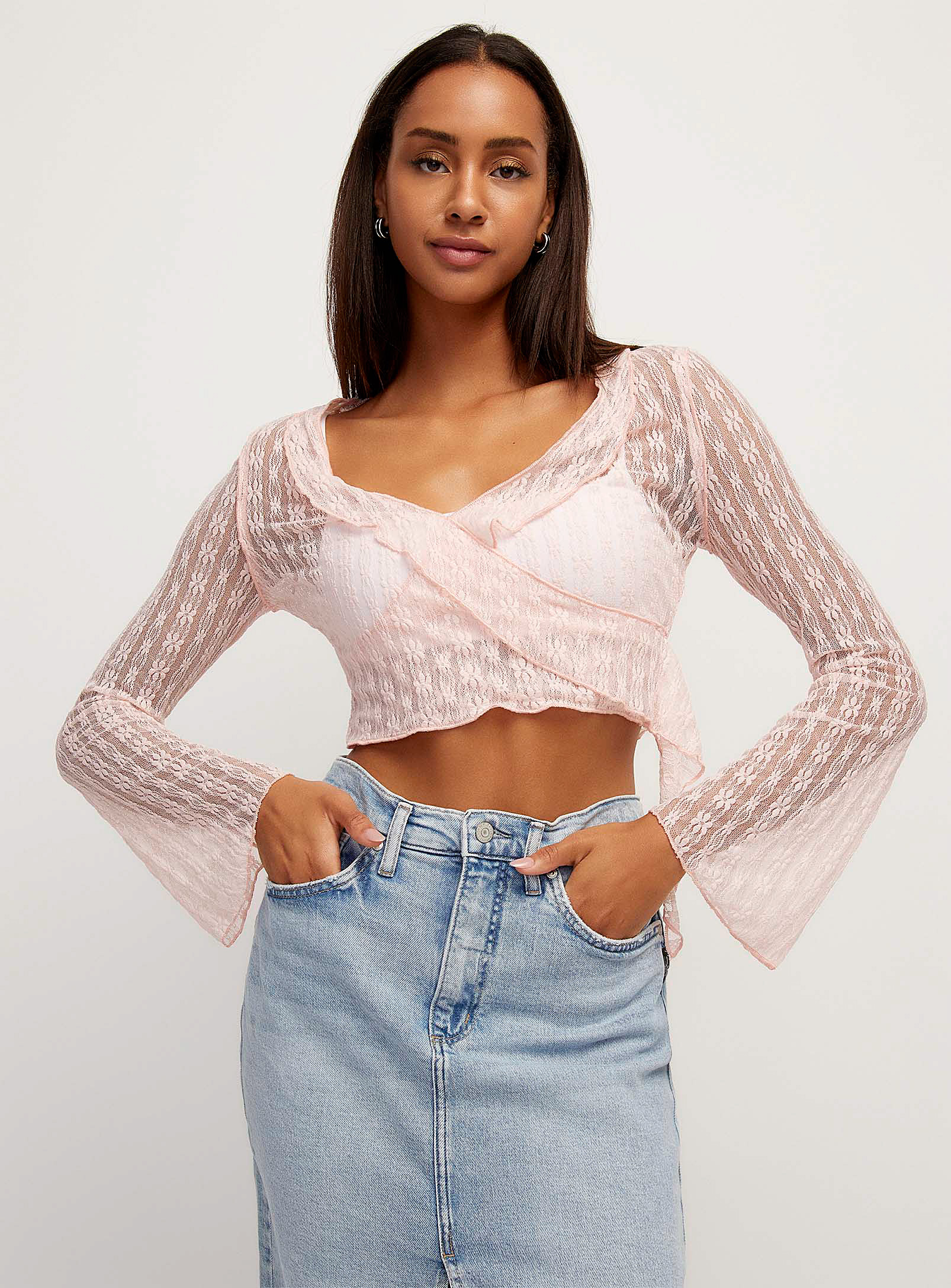Icône - Women's Pink lace crossover cropped T-shirt