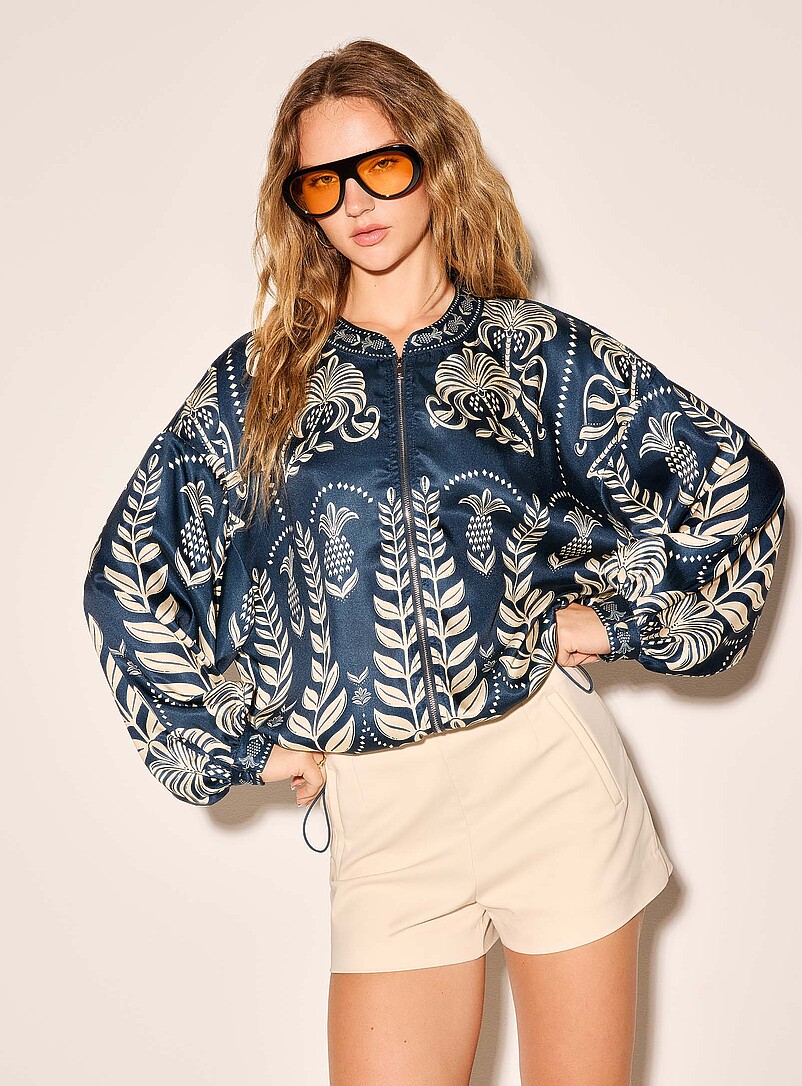 Patterned blouson-style satin blouse product image (primary)