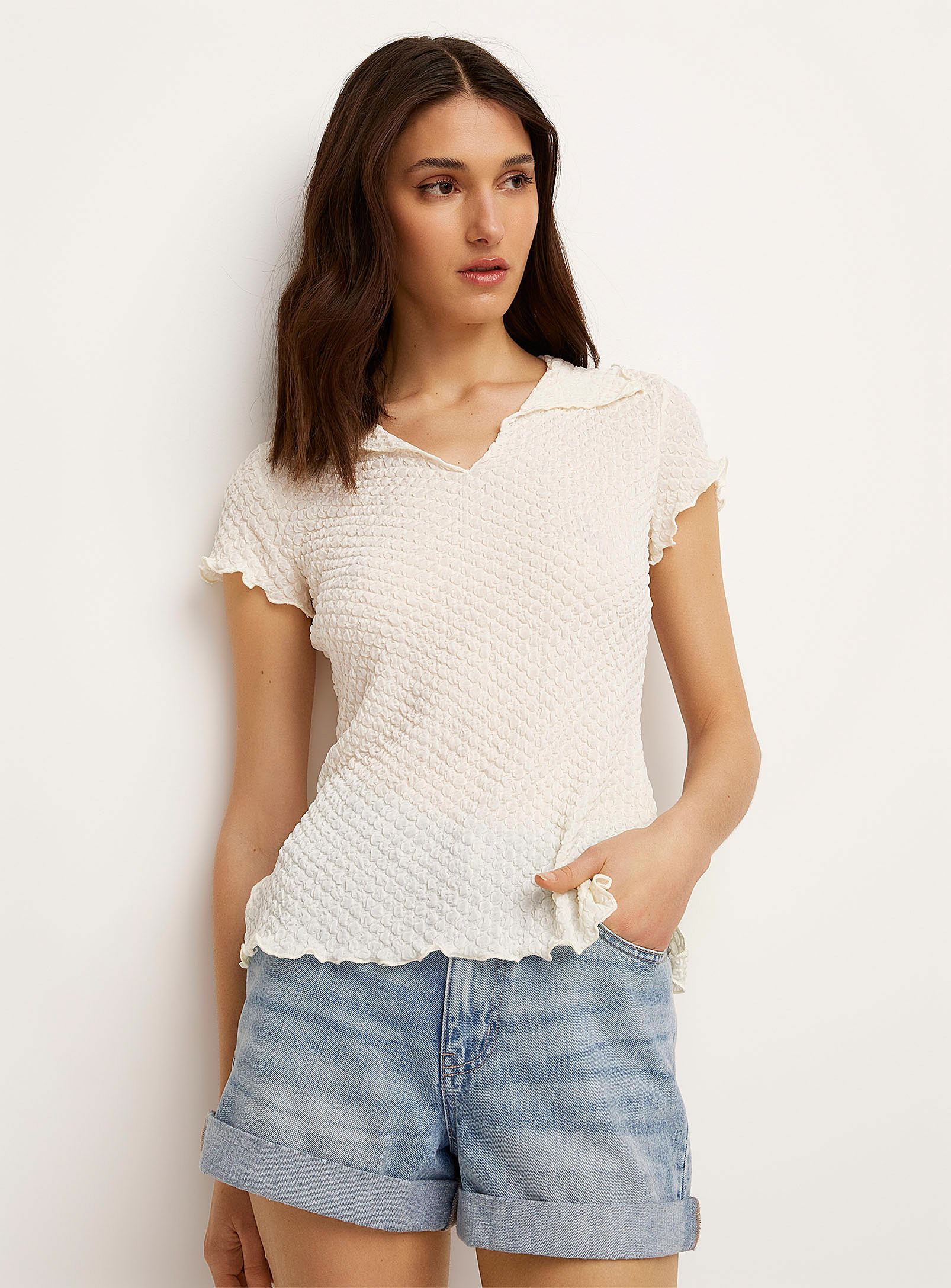 Icone Polo Collar Popcorn T-shirt In Ivory White