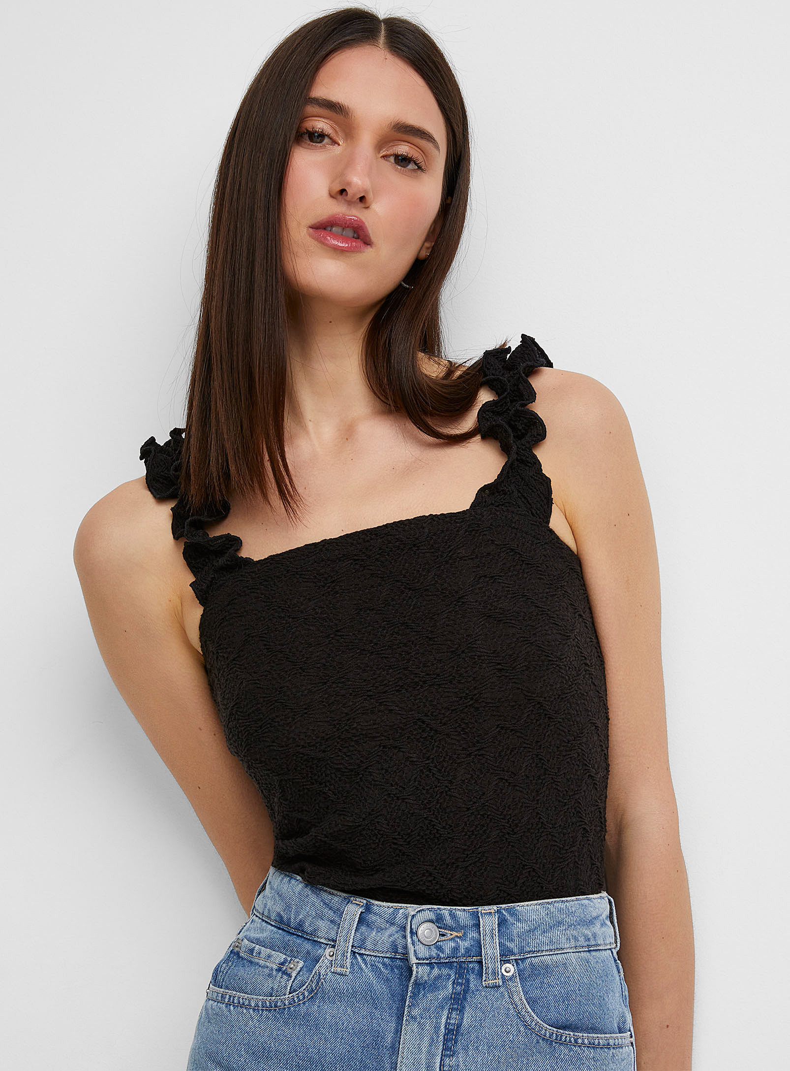 Icone Ruffled Straps Textured Cami In Black