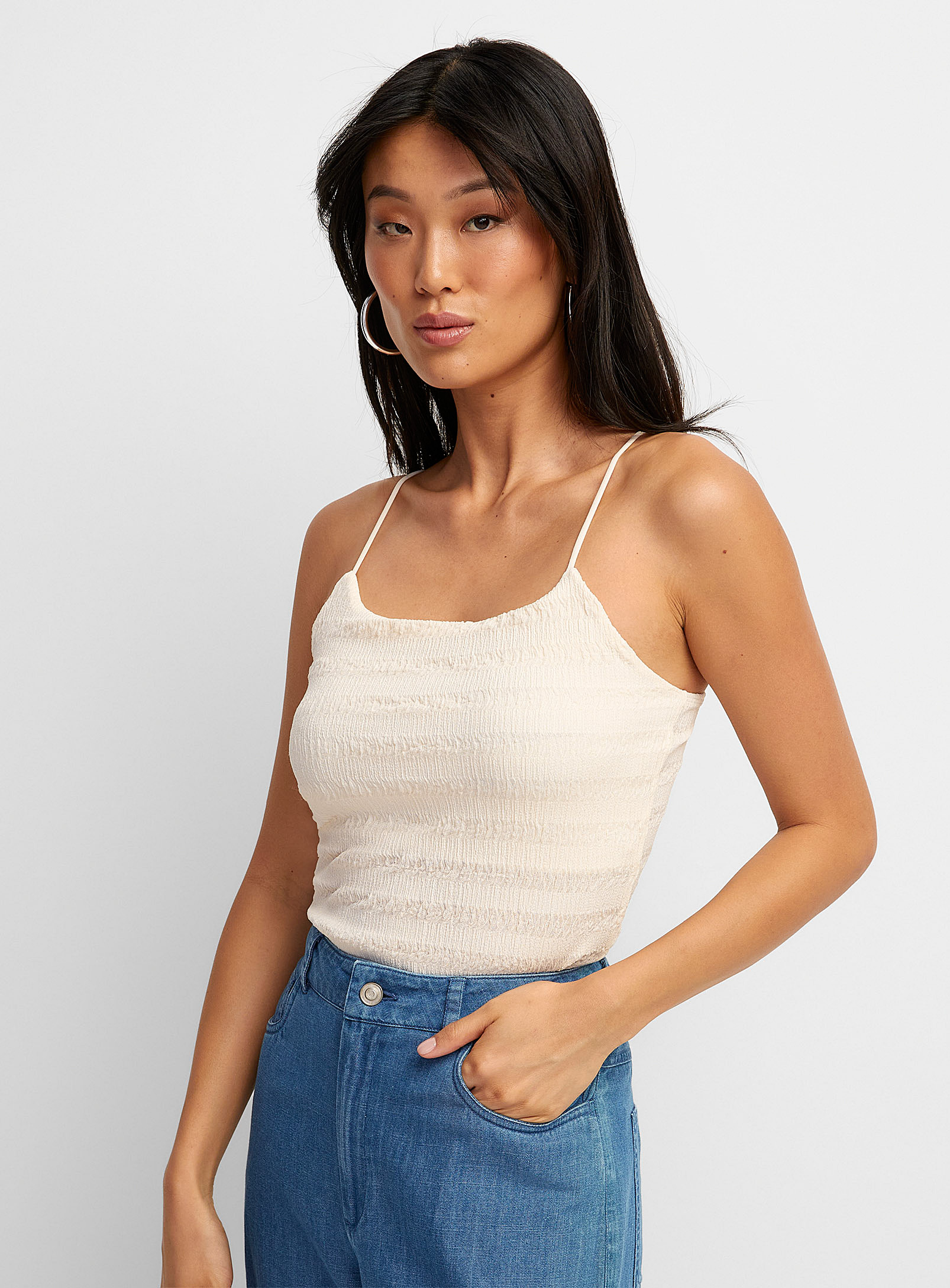 Icone Textured Stripes Fitted Cami In Off White