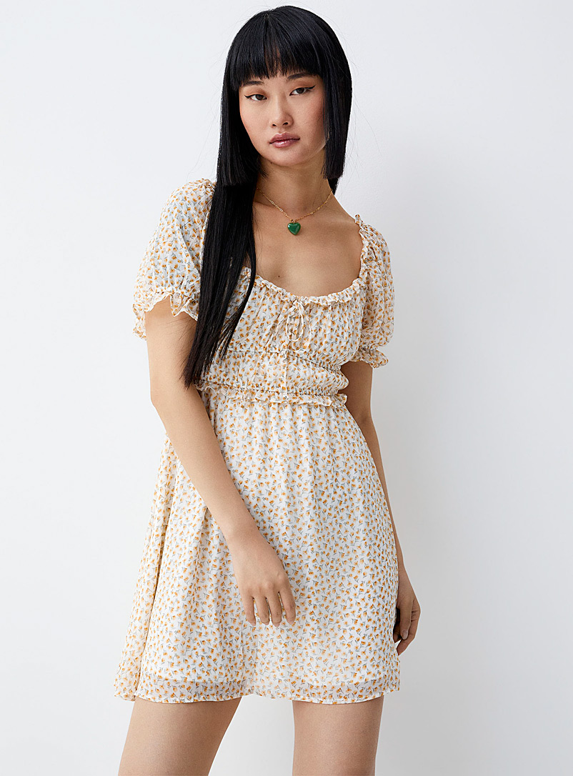 Twik Off White Puff-sleeve mini-flowers voile dress for women