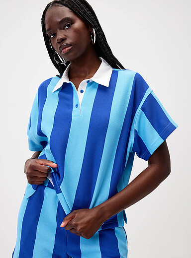 Blue rugby-stripe polo