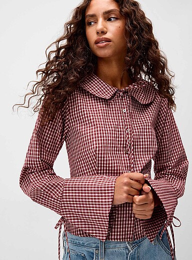 Things Between Burgundy Checkered Peter-Pan collar fitted shirt for women