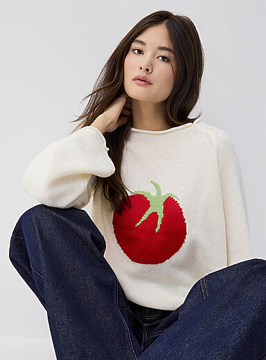 Things Between White patterned Tomato rolled trim sweater for women
