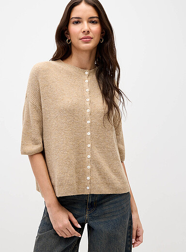 Shaker-rib short-sleeve cardigan